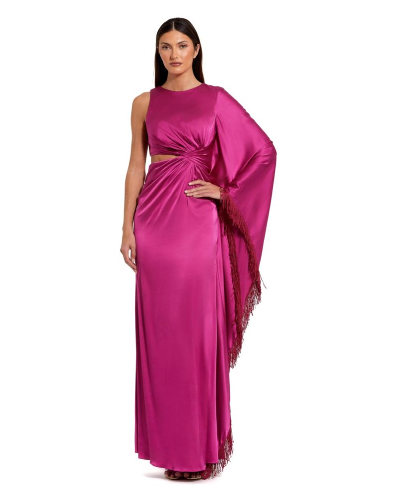 Women's Charmeuse Kaftan Sleeve Assymetrical Fringe Gown
