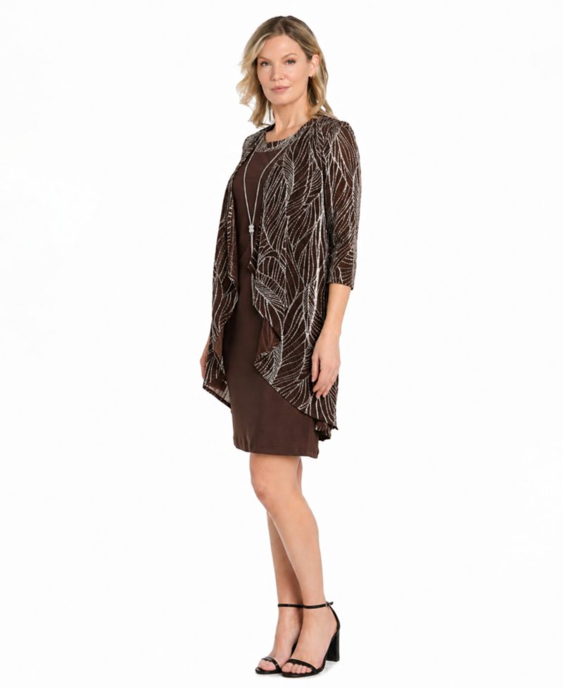 Women's 2-Piece Metallic Print Open-Front Jacket & Scoop Neck Necklace Dress