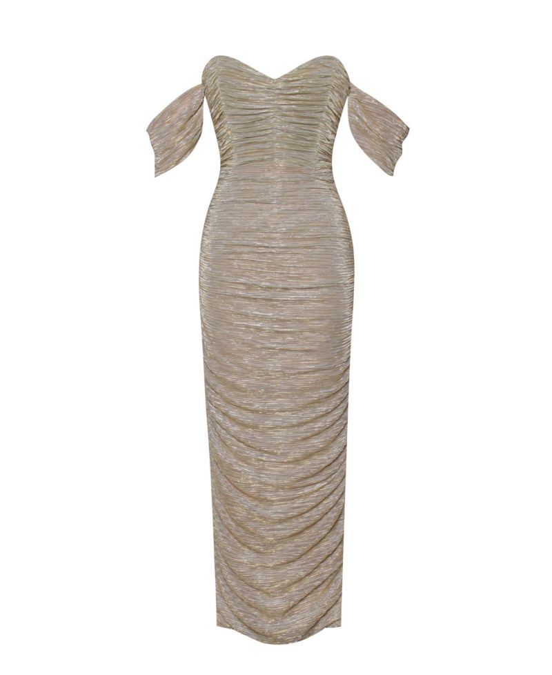 Women's Gene Gold Ruched Off Shoulder Chiffon Dress