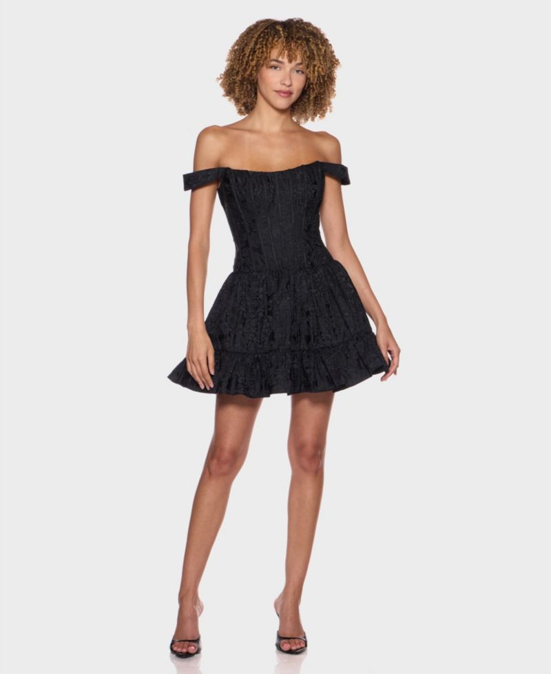 Juniors' Off-The-Shoulder Corset Bodice Jacquard Dress