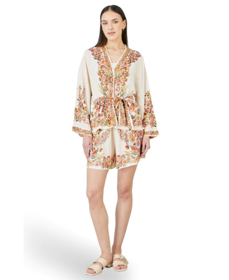 Women's Viscose Floral Border Belted Jacket
