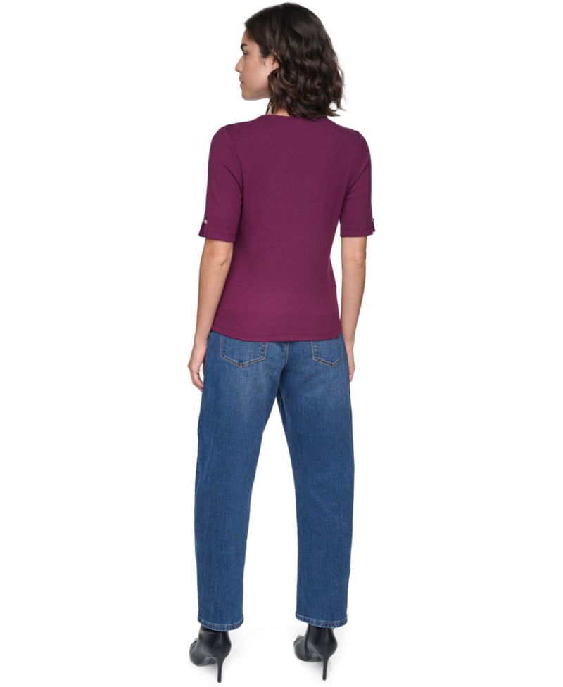 Petite Short-Sleeve Crewneck Ribbed-Knit Cotton-Blend Sweater