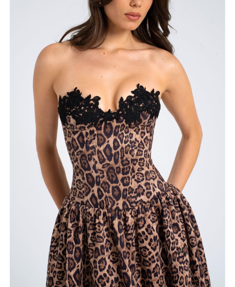 Women Uchenna Cheetah Print Stretchy Strapless Midi Dress with lace trim