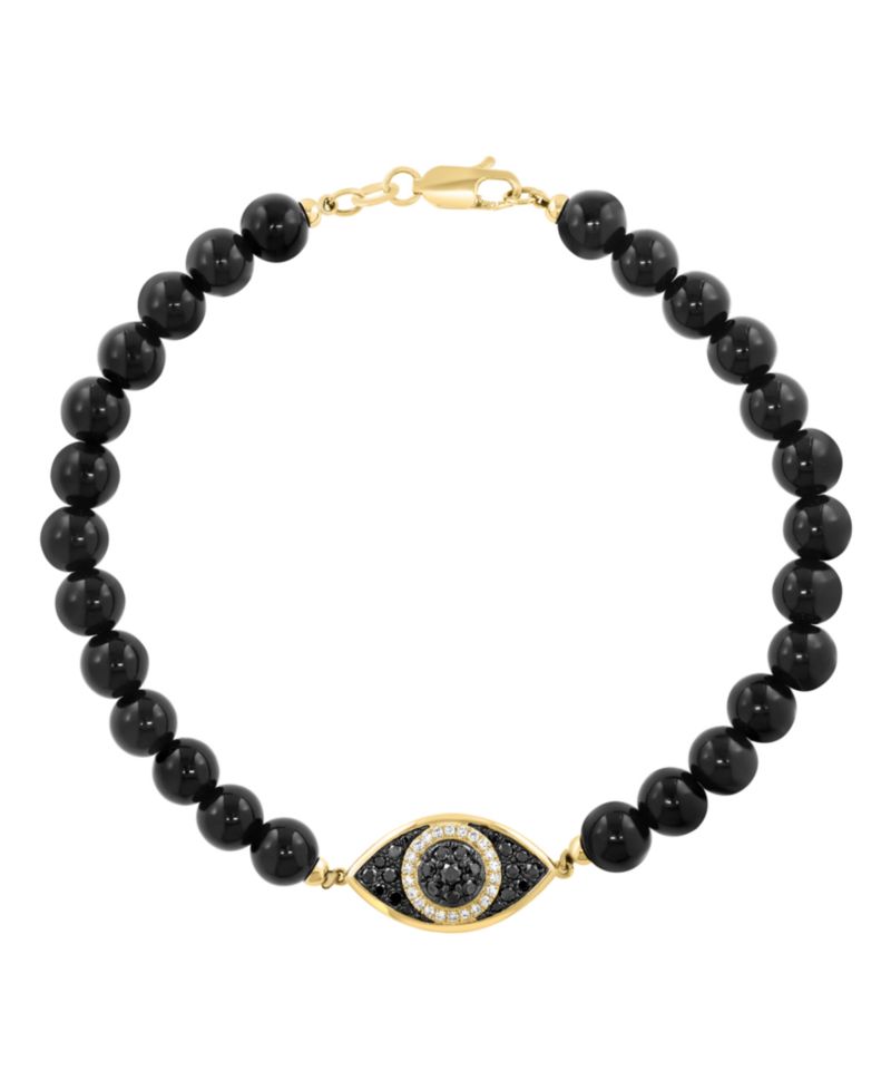 Men's Onyx (6mm), White Diamond (1/10 ct. t.w.) and Black Diamond (1/3 ct. t.w.) Bracelet in Gold Over Silver