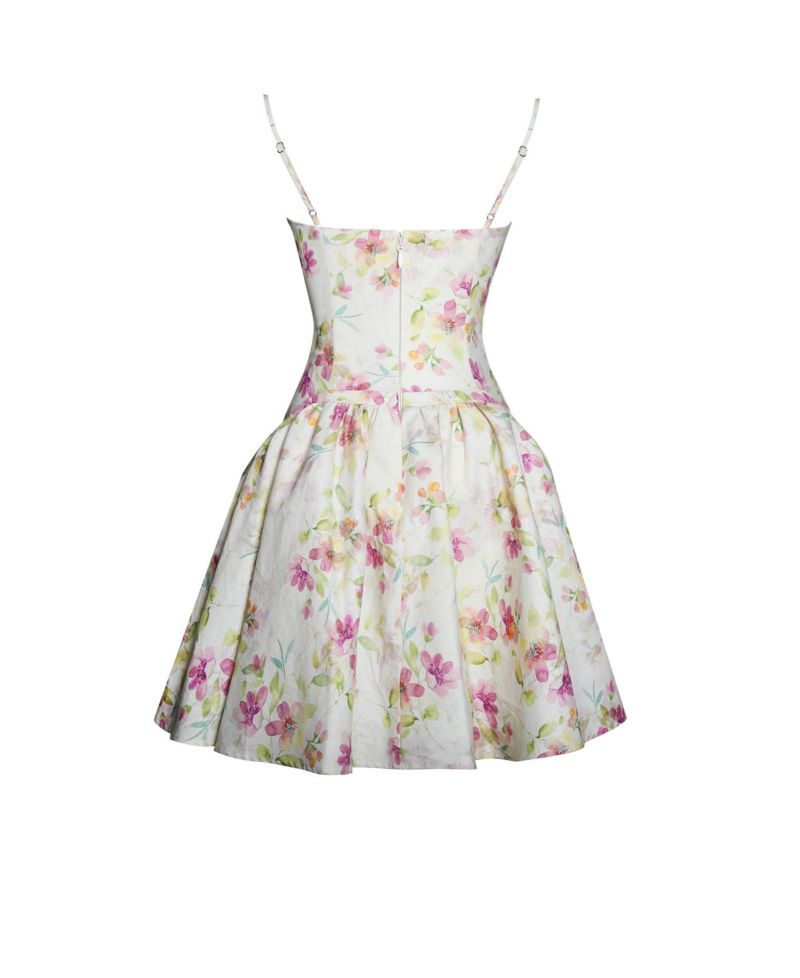 Women's Valda Yellow and Pink Print Linen Mini Dress with Pockets