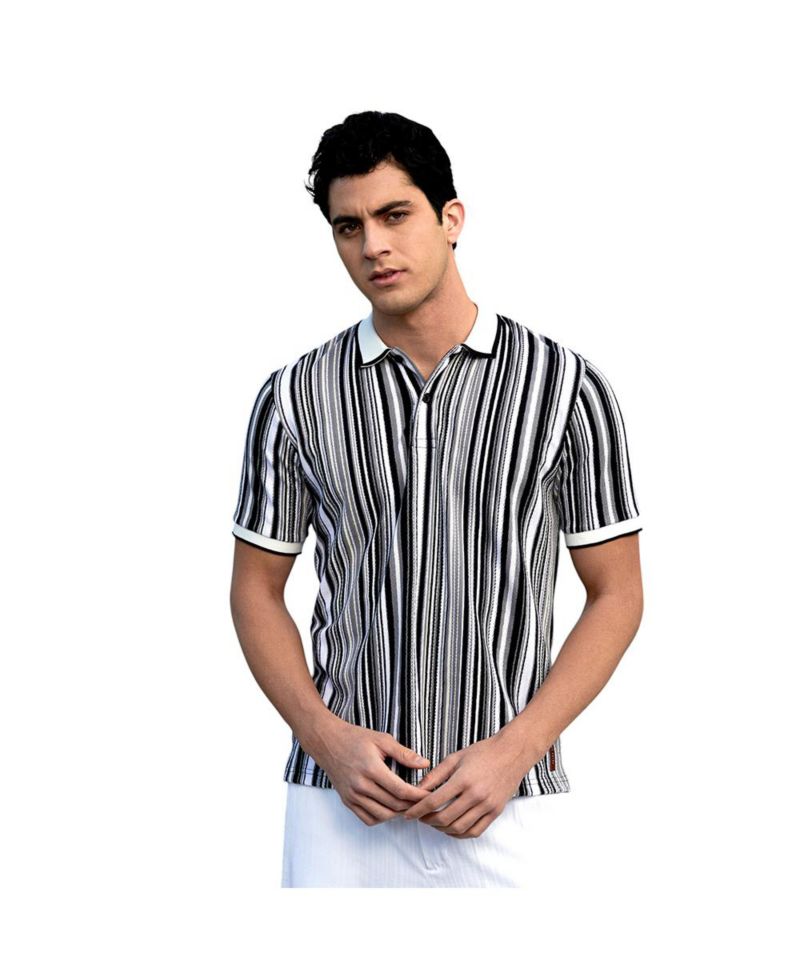 Men's Cream White and Midnight Black Multitrack Knit Polo T-Shirt