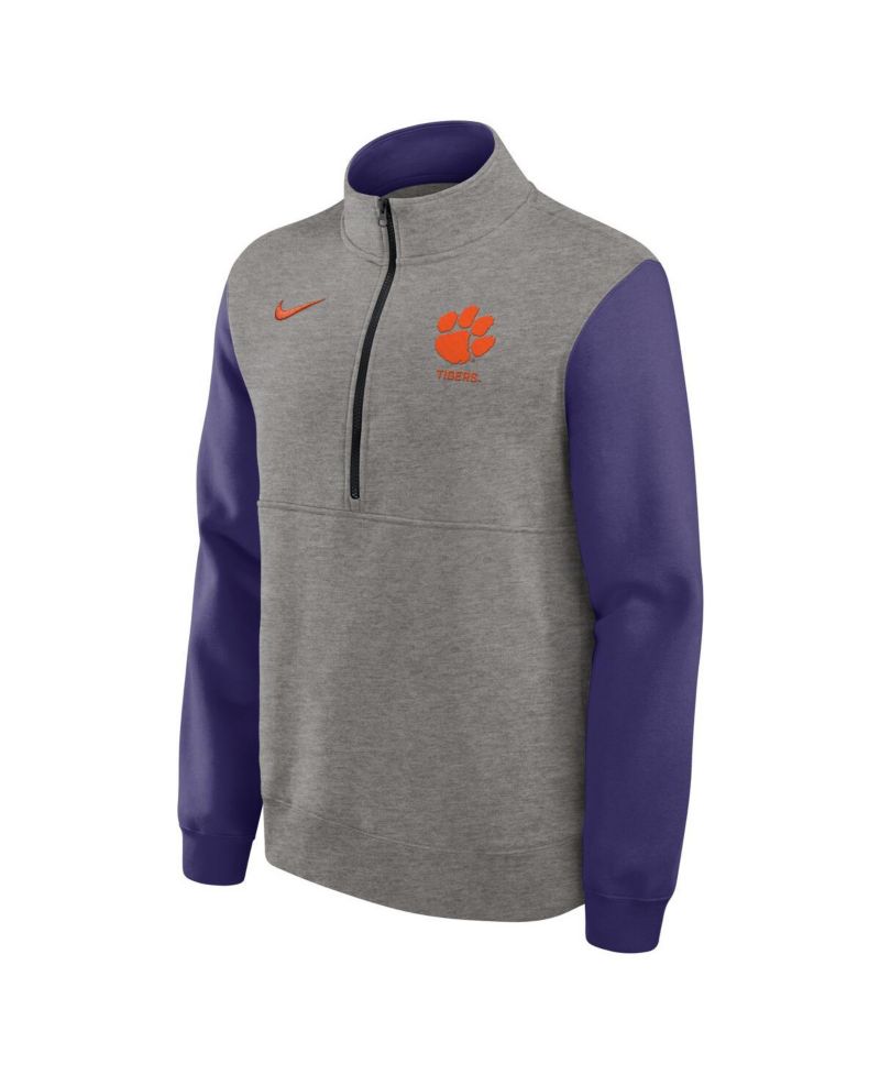 Men's Heather Gray/Purple Clemson Tigers Club Fleece Half-Zip Pullover Sweatshirt