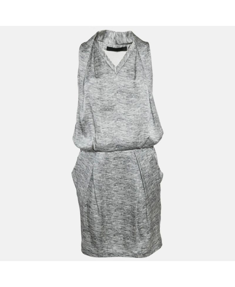 Women's Grey Silk V-Neck Sleeveless Short Dress