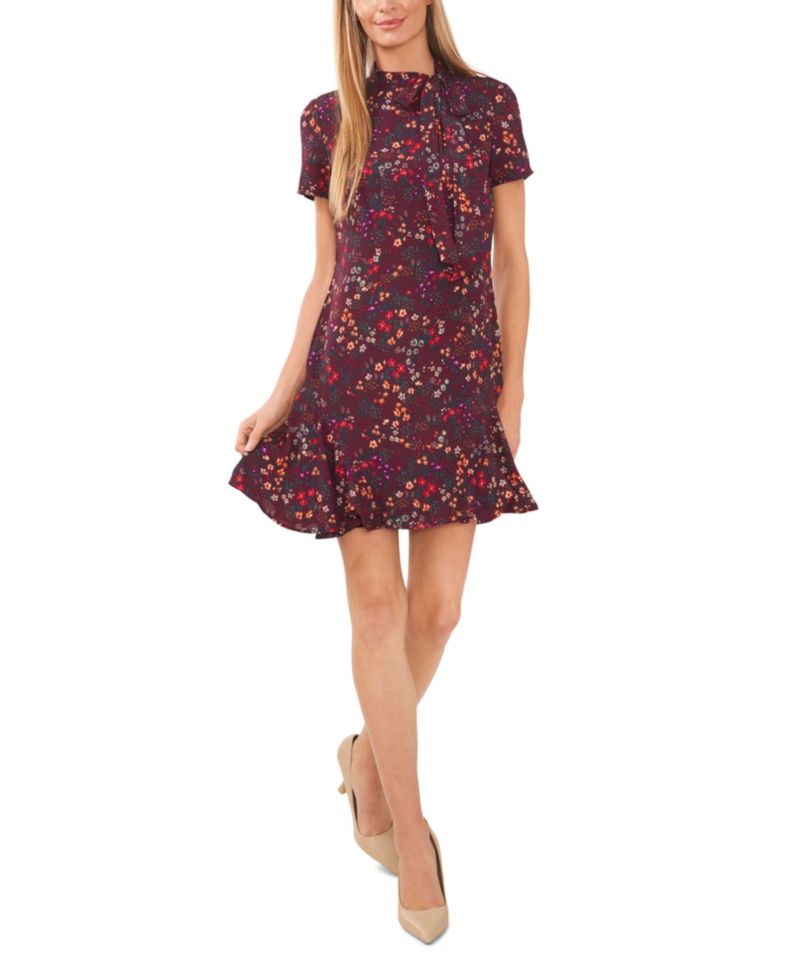 Women's Short Sleeve Printed Godet Dress With Bow Neck