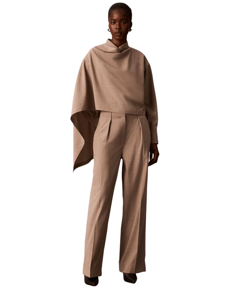 Women's Long-Sleeve Point-Collar Scarf-Draped Front Blouse