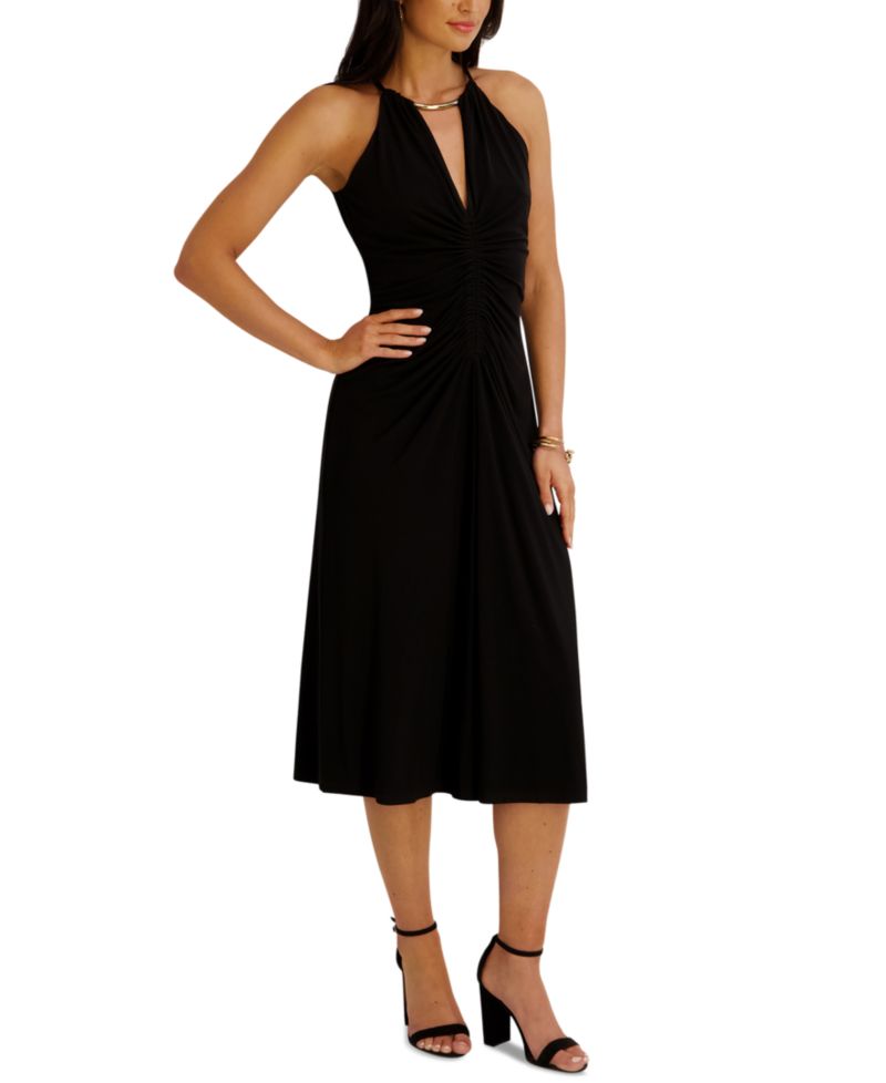Women's Ruched Halter V-Neck Midi Dress
