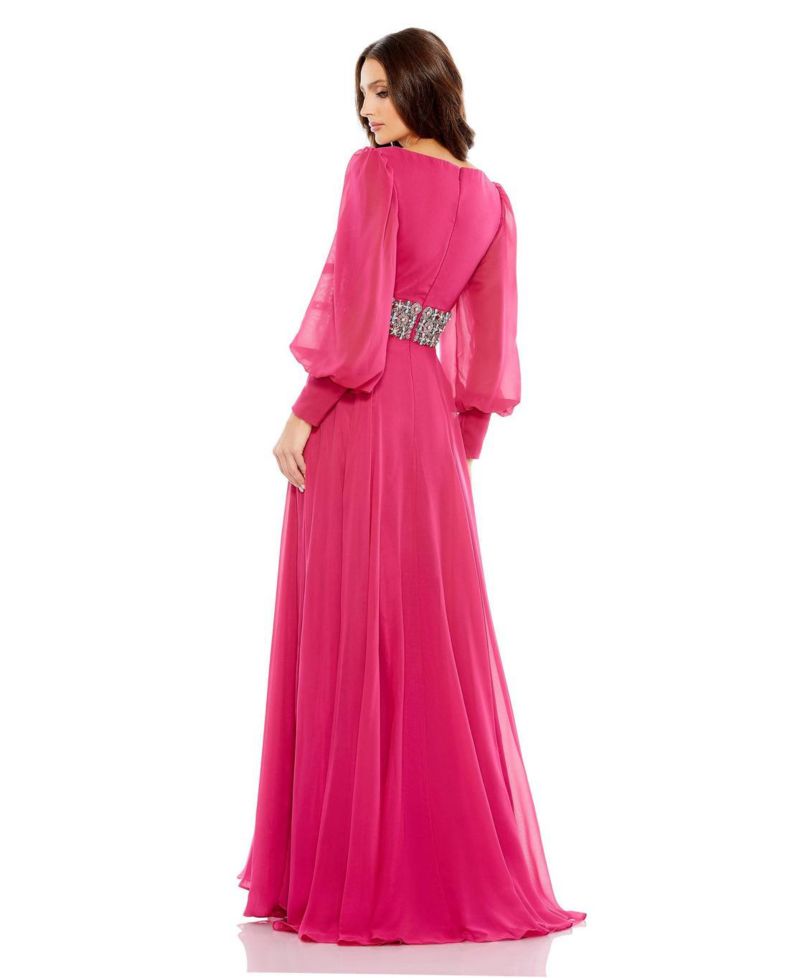 Women's Bishop Sleeve Wrap Over Belt Detail Flowy Gown