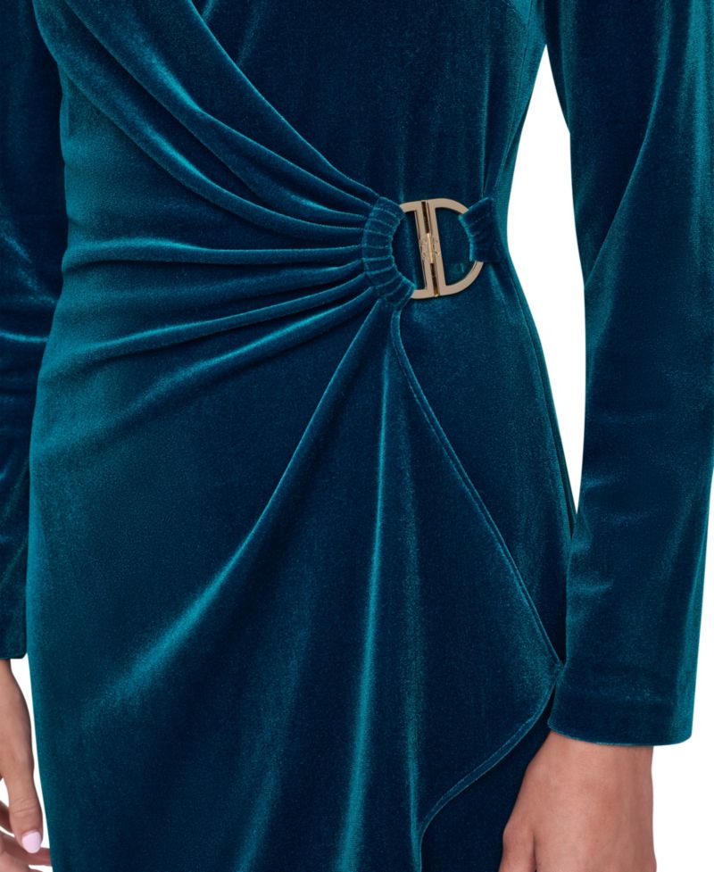 Plus Long-Sleeve Ruched Velvet Dress