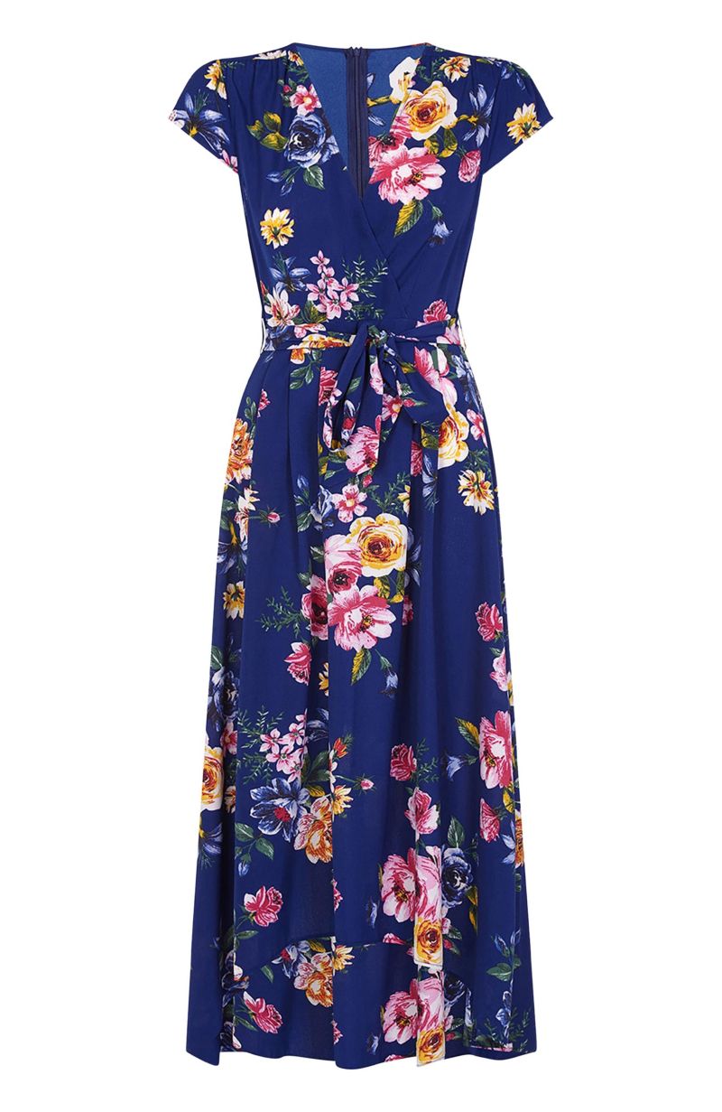 Women's Floral Print Dipped Hem Wrap Midi Dress