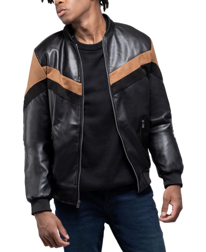 XRAY Men's Shiny PU Hooded Jacket With Faux Suede Detailing And Faux Shearling Lining