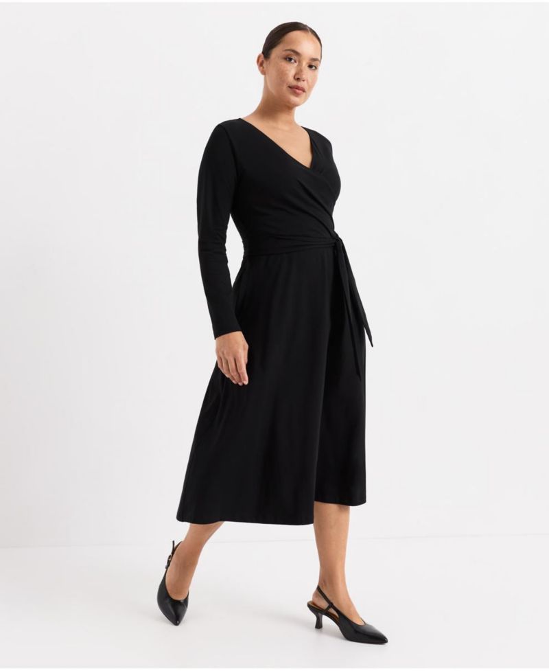 Women's Fit and Flare Wrap Long-Sleeve Dress