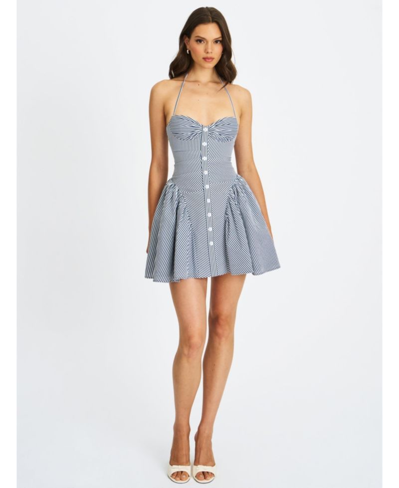 Women Melody Navy Blue Railroad Stripe Halter Drop Waist Mini Dress