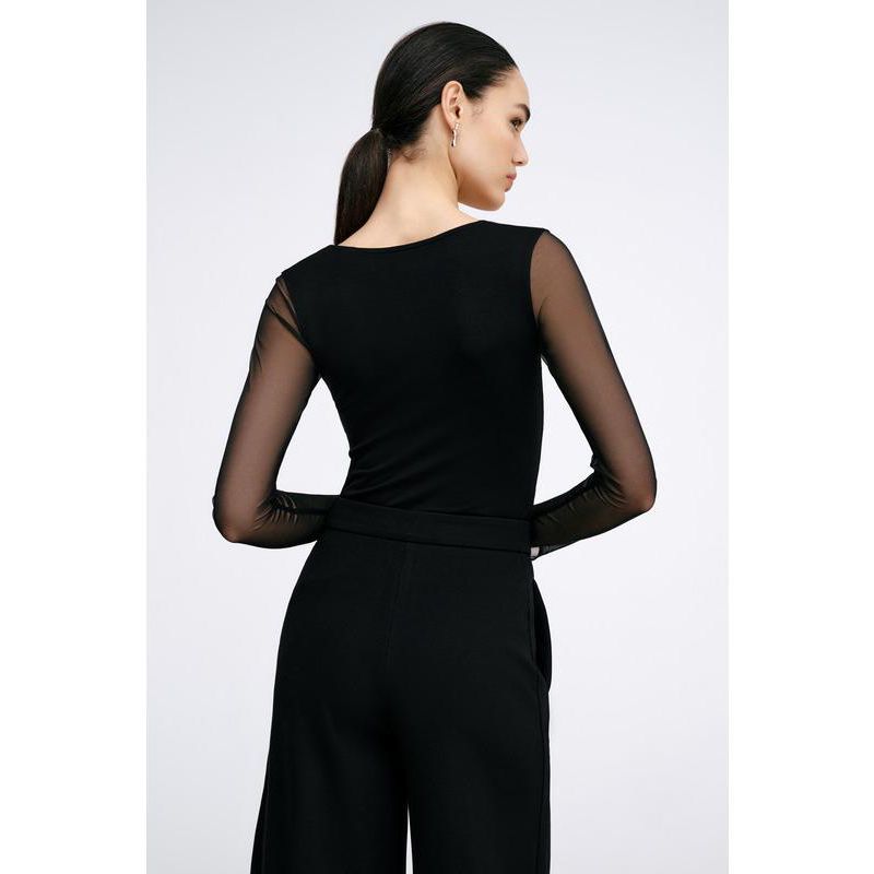 Women's Parisa Jersey-Bodice Long Mesh-Sleeve Fitted Top