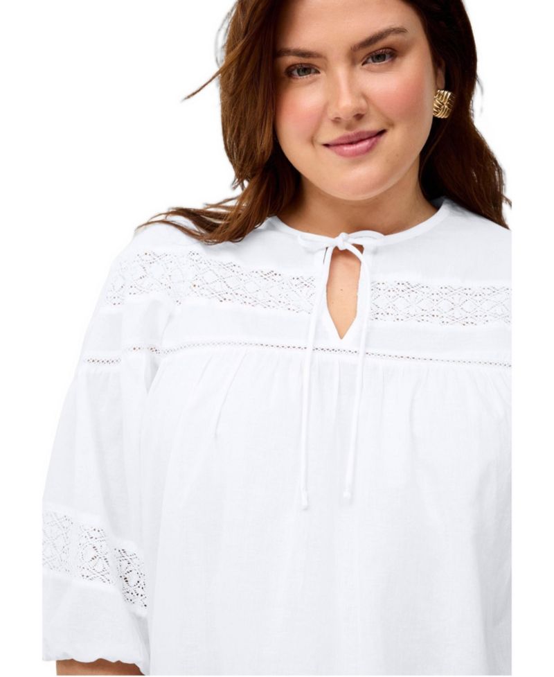 Women's 100% Cotton A-Line Three-Quarter Sleeve Keyhole Neck Blouse With Crochet Trim