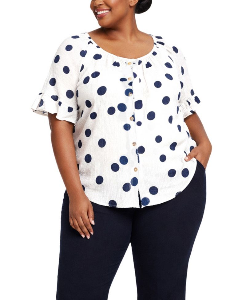 Plus Size Polka Dot Crinkle Knit Button-Front Ruffle Sleeve Top
