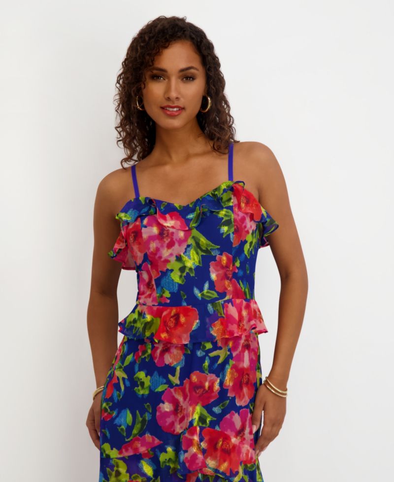 Women's Printed Sweetheart Neck Ruffle Detail Maxi Dress