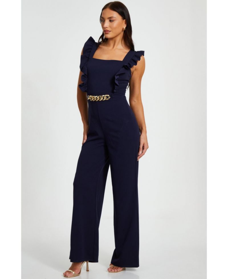 Women's Scuba Crepe Palazzo Frill Chain Jumpsuit - Red