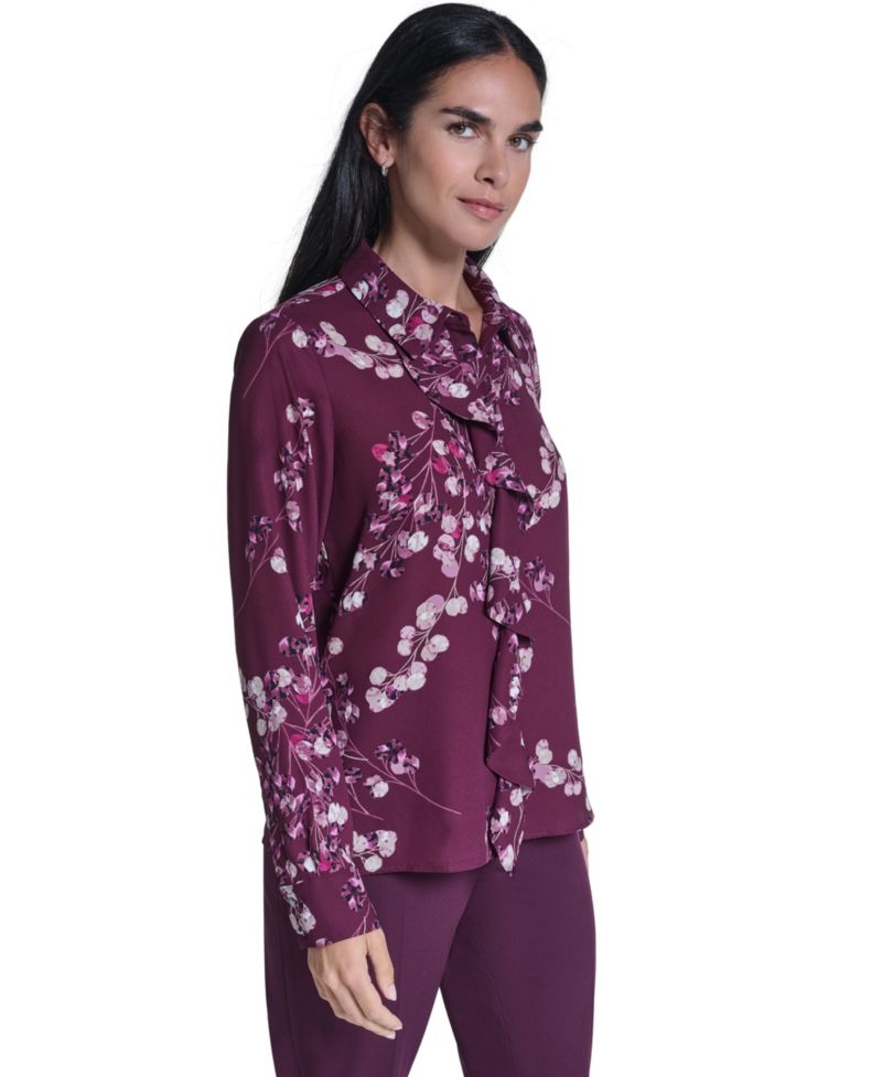 Women's Floral-Print Ruffled-Front Long-Sleeve Blouse