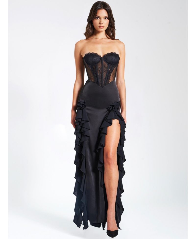 Women's Talia Black Satin Lace Corset Maxi Dress