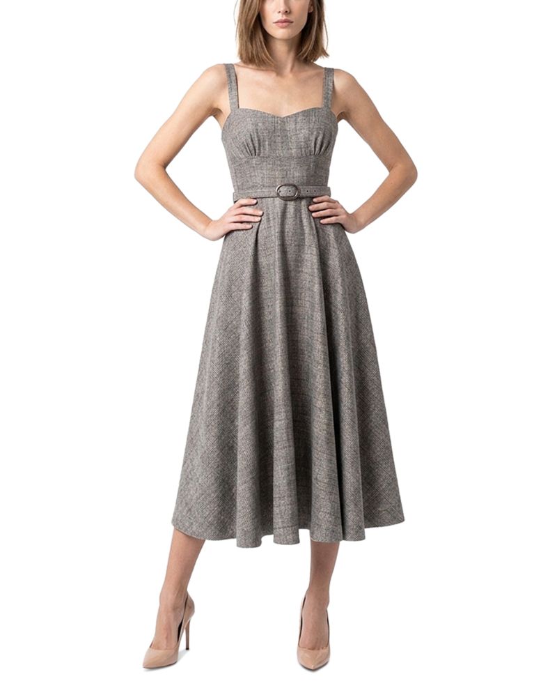 Women's Plaid Belted Sweetheart Neck A-Line Midi Dress
