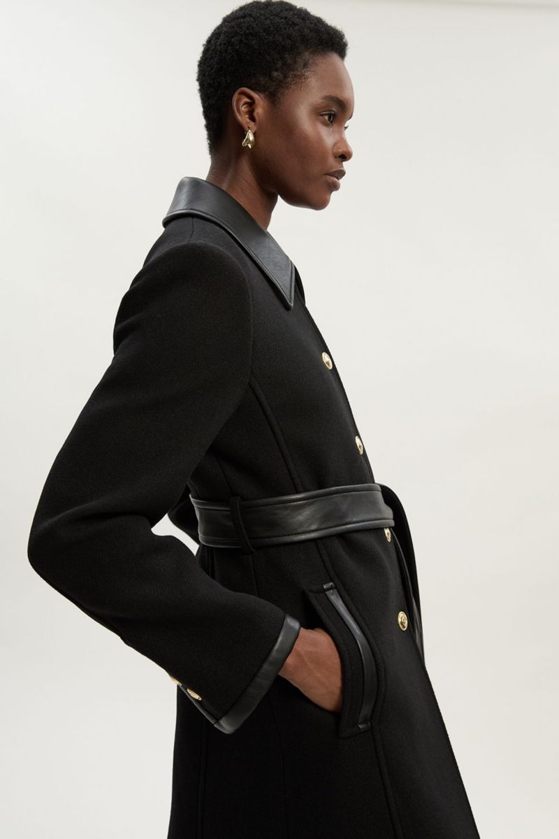 Women's Wool Pu Mix Belted Tailored Maxi Coat