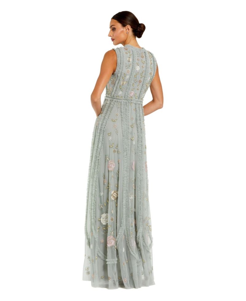 Women's Floral Mesh Sleeveless A Line Micro Ruffle Gown