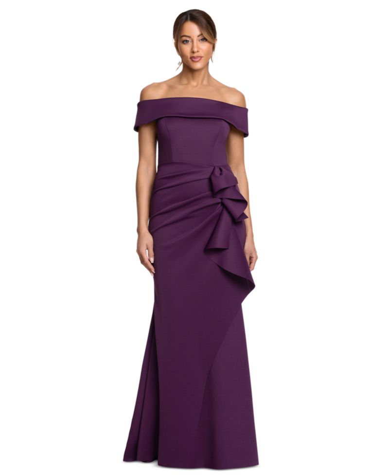 Women's Off-the-Shoulder Scuba Side-Ruffle Gown