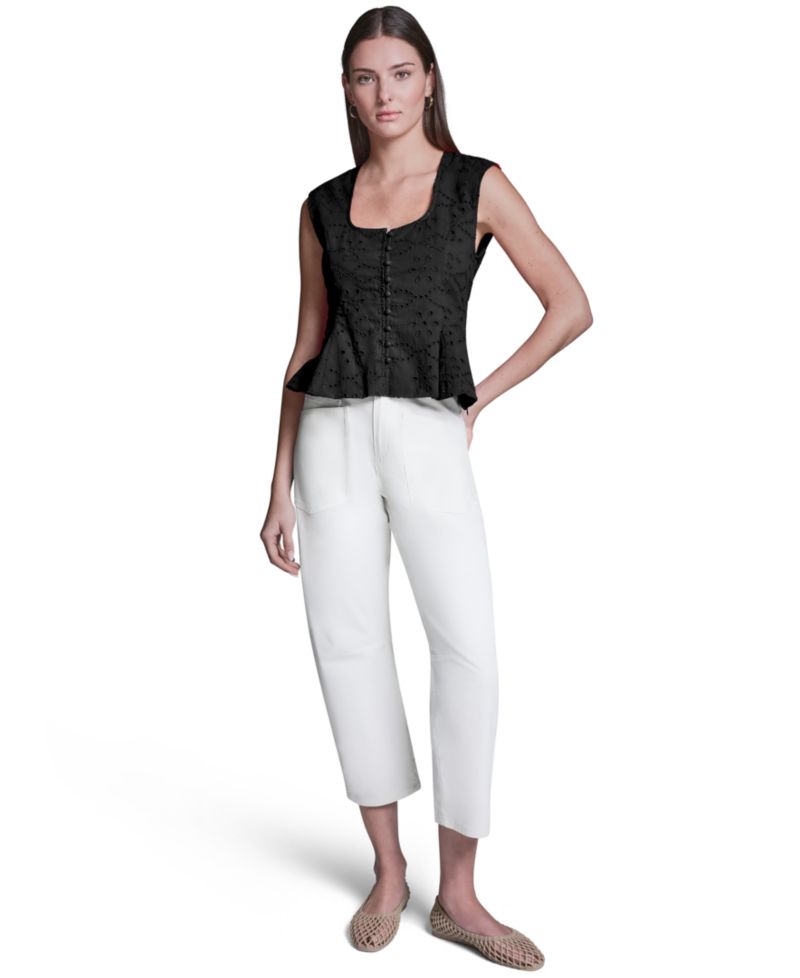 Women's Eyelet Detail Sleeveless Square Neck Peplum Top
