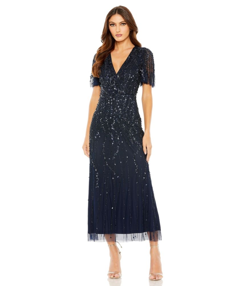 Women's Beaded Wrap Over Butterfly Sleeve Column Dress