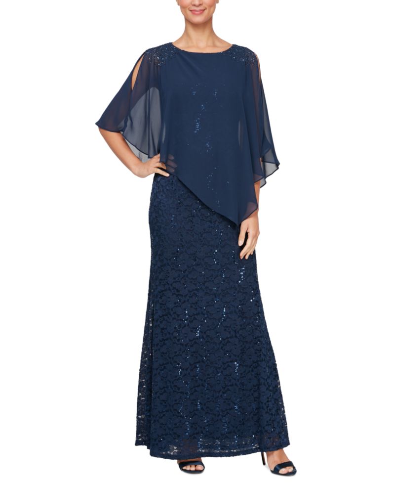 Women's Sequin Lace Chiffon Caplet Gown