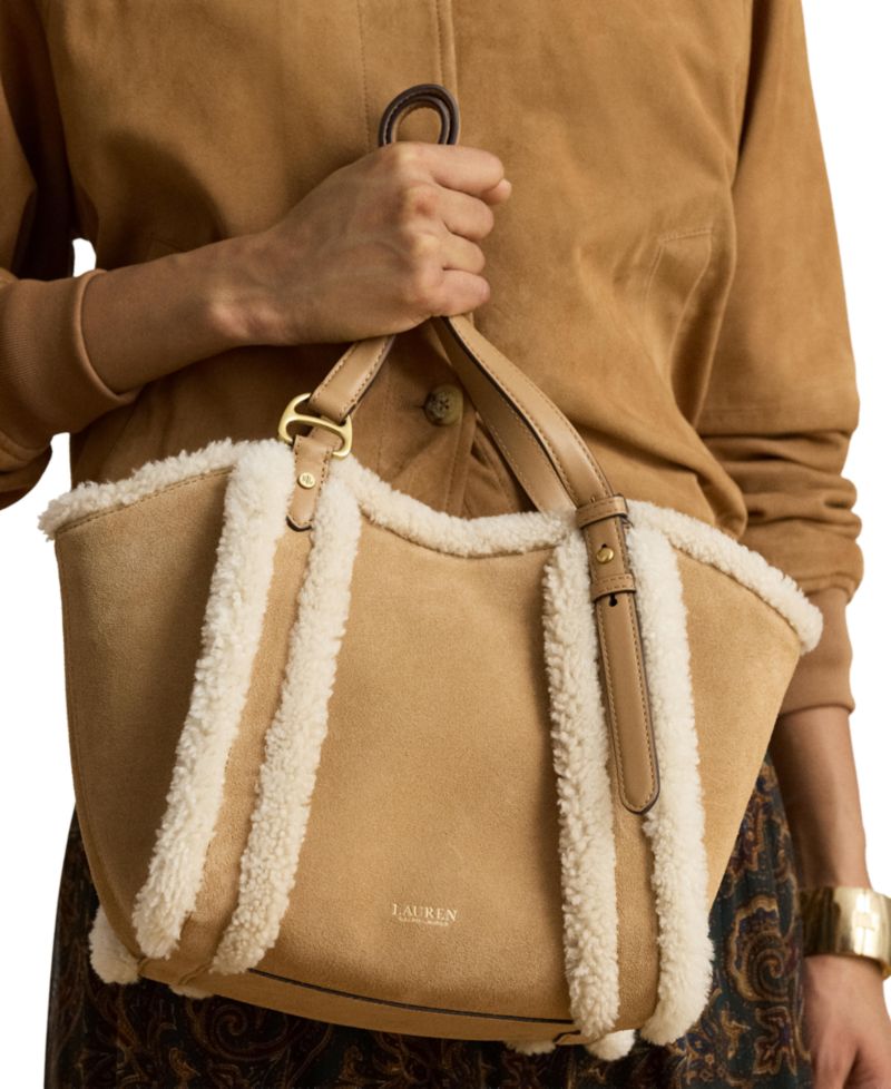 Tasha Suede Shearling Trim Small Tote Bag