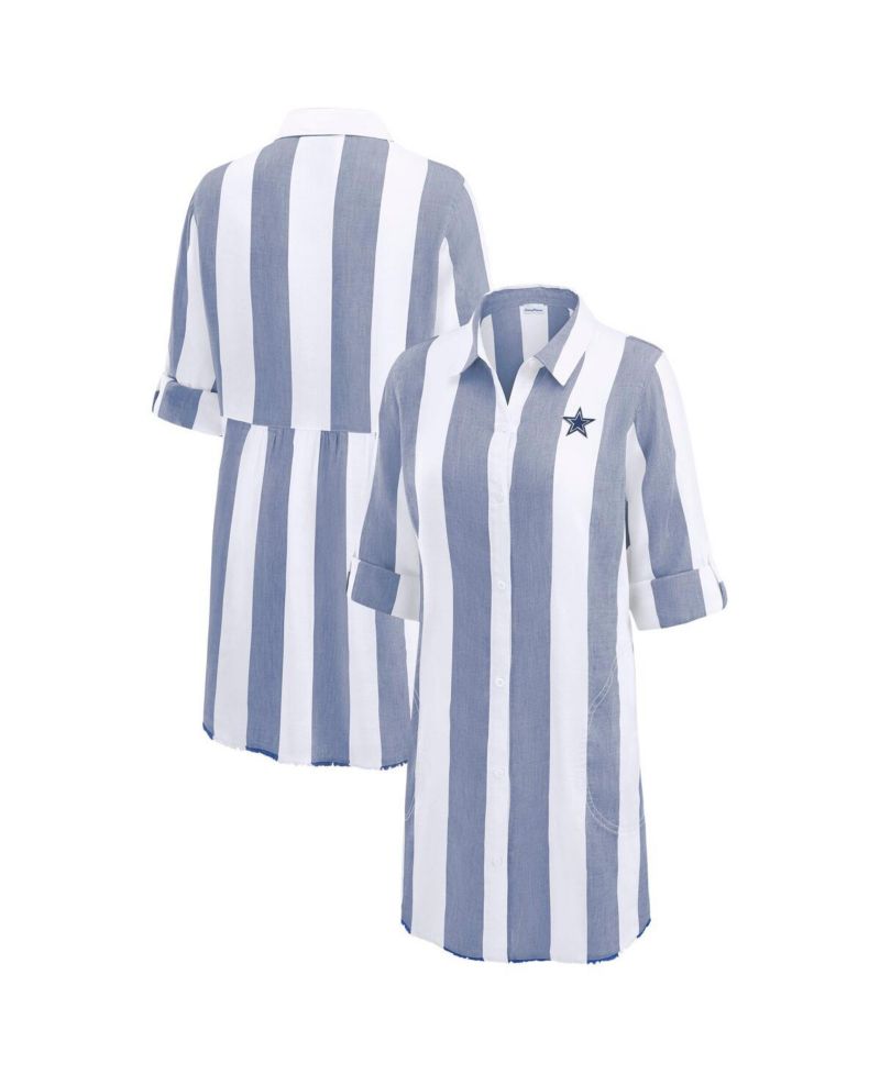 Women's Navy/White Dallas Cowboys Rugby Beach Stripe Button-Up Tunic Top