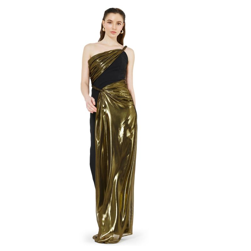 Women's Braided Strap One Shoulder Metallic Drape Dress