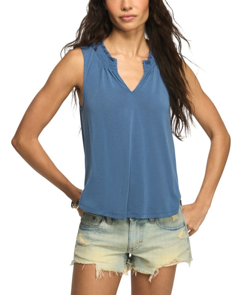 Women's Sandwash Smocked Trim V-Neck Tank Top