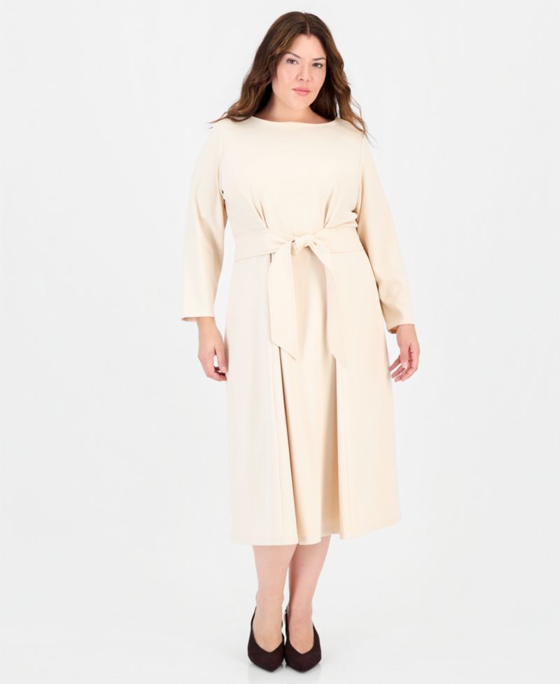 Plus Size Aline Tie Waist Midi Long-Sleeve Dress