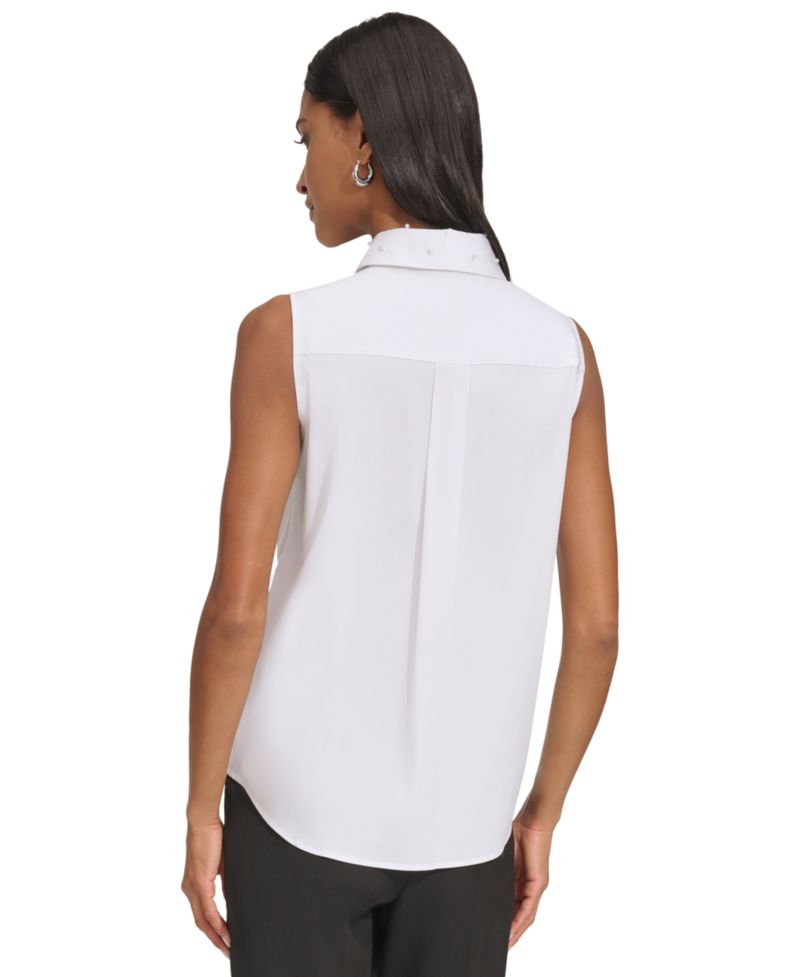 Women's Pearl-Embellished Sleeveless Collared Shirt