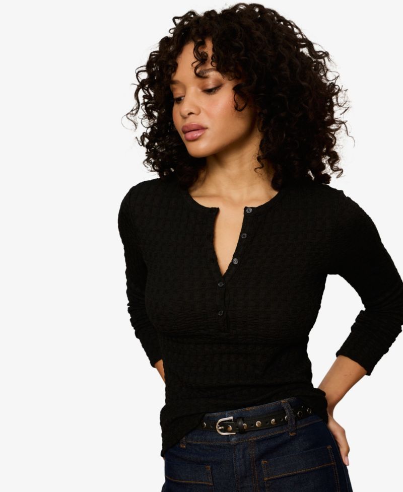 Women's Not So Basic Textured Long-Sleeve Henley Top