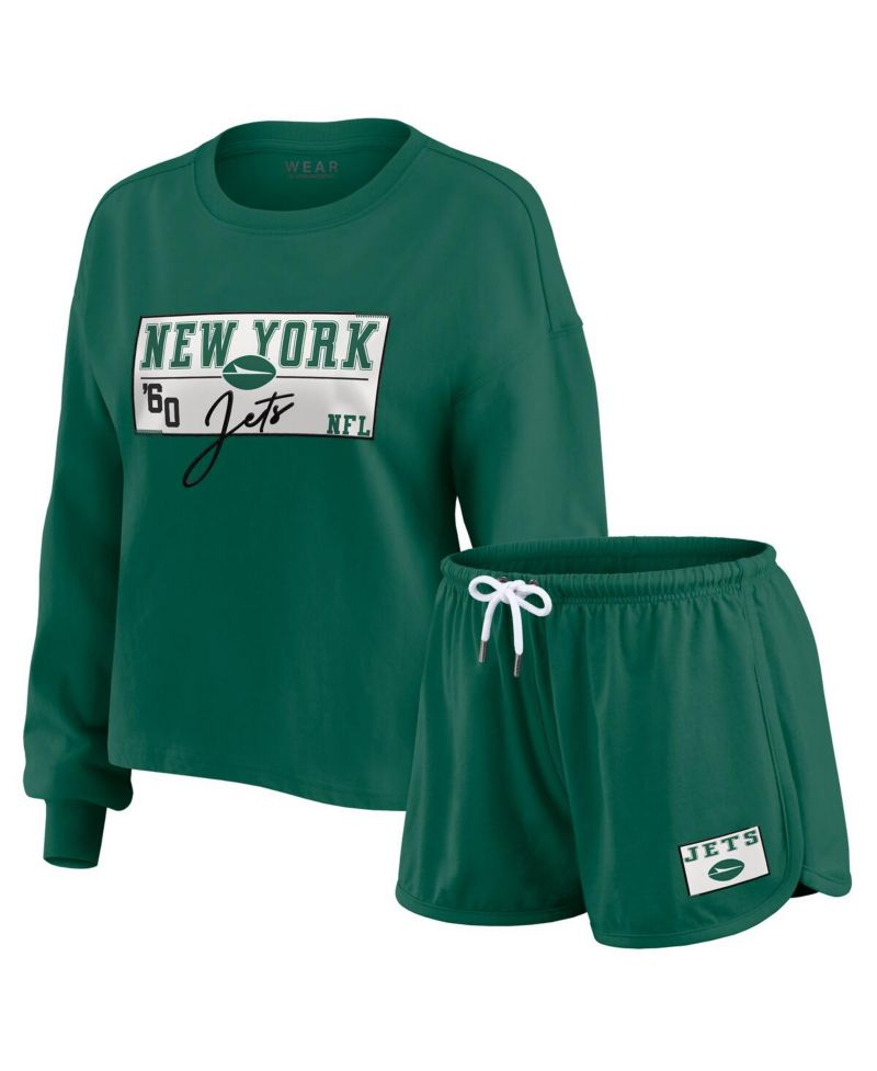 Women's 2-Piece Green New York Jets Heavy Rugby Jersey Long Sleeve T-Shirt and Shorts Lounge Set