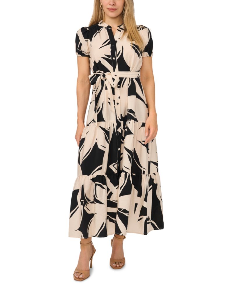 Petite Split Neck Belted Tiered Maxi Dress