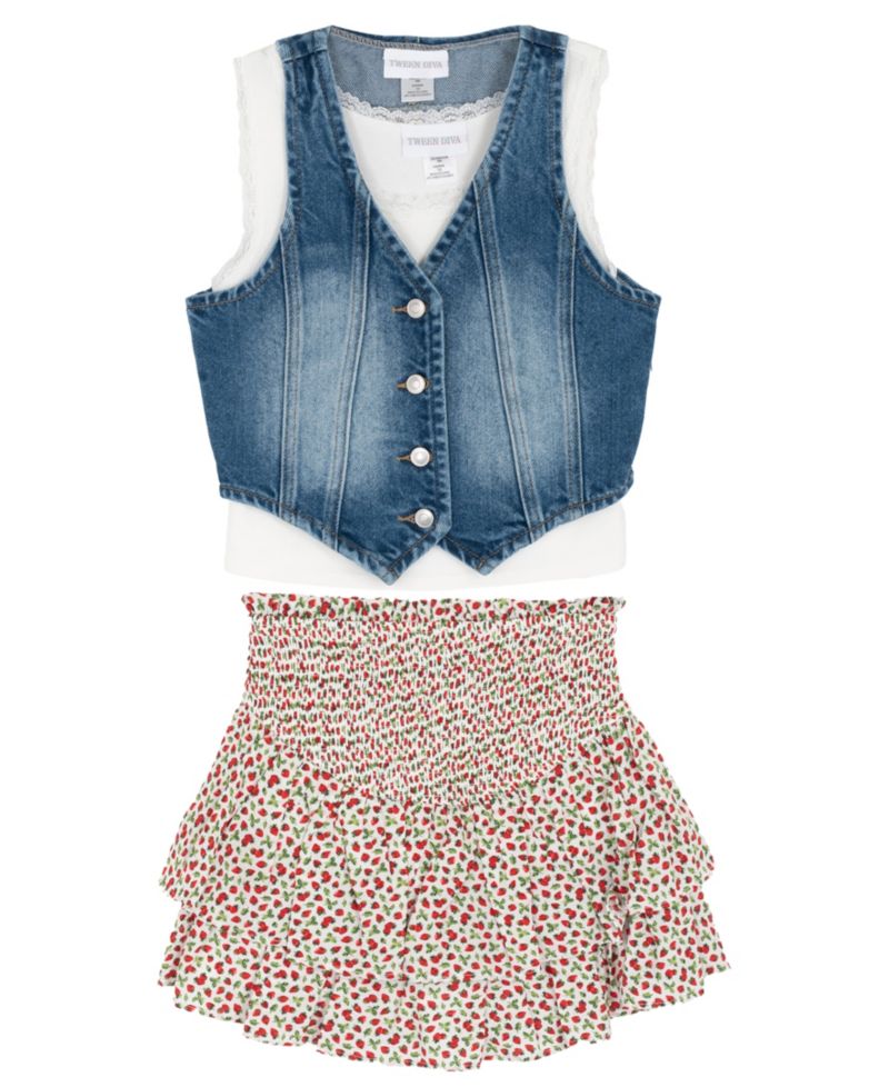 Girls' 7-12 Denim Vest, Cami and Skort, 3-Piece Set