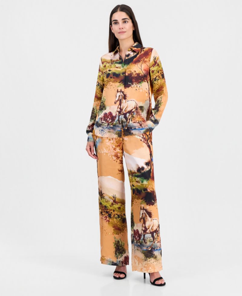 Women's Printed Long-Sleeve Button-Down Blouse