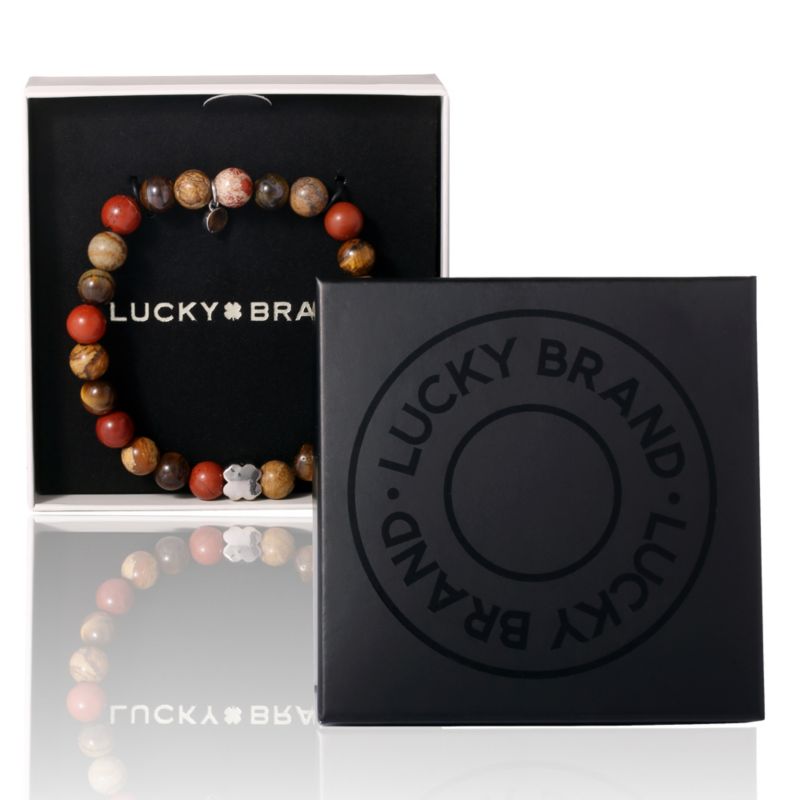 Red Jasper Mens Bracelet, Stretch Beaded Bracelet for Men with Clover Logo and Jasper Beads