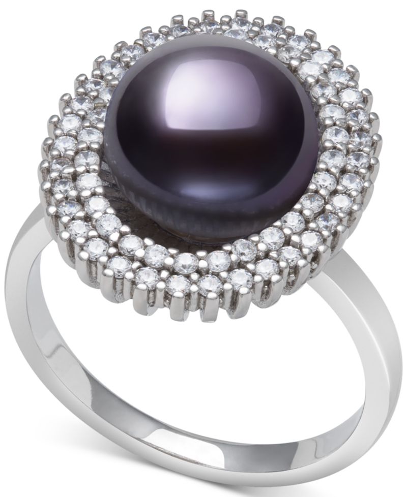 Peacock Black Cultured Freshwater Pearl (10mm) & Cubic Zirconia Halo Ring in Sterling Silver (Also in White Cultured Freshwater Pearl)