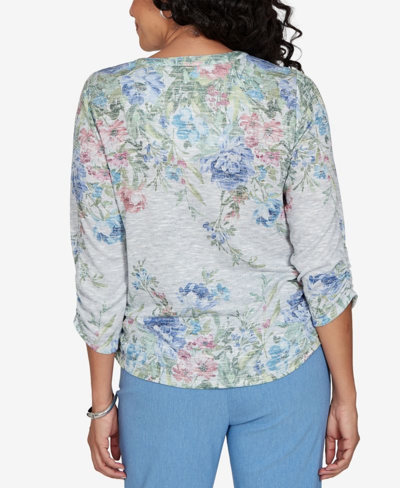 Petite Provence Floral-Print 3/4-Sleeve Henley Top