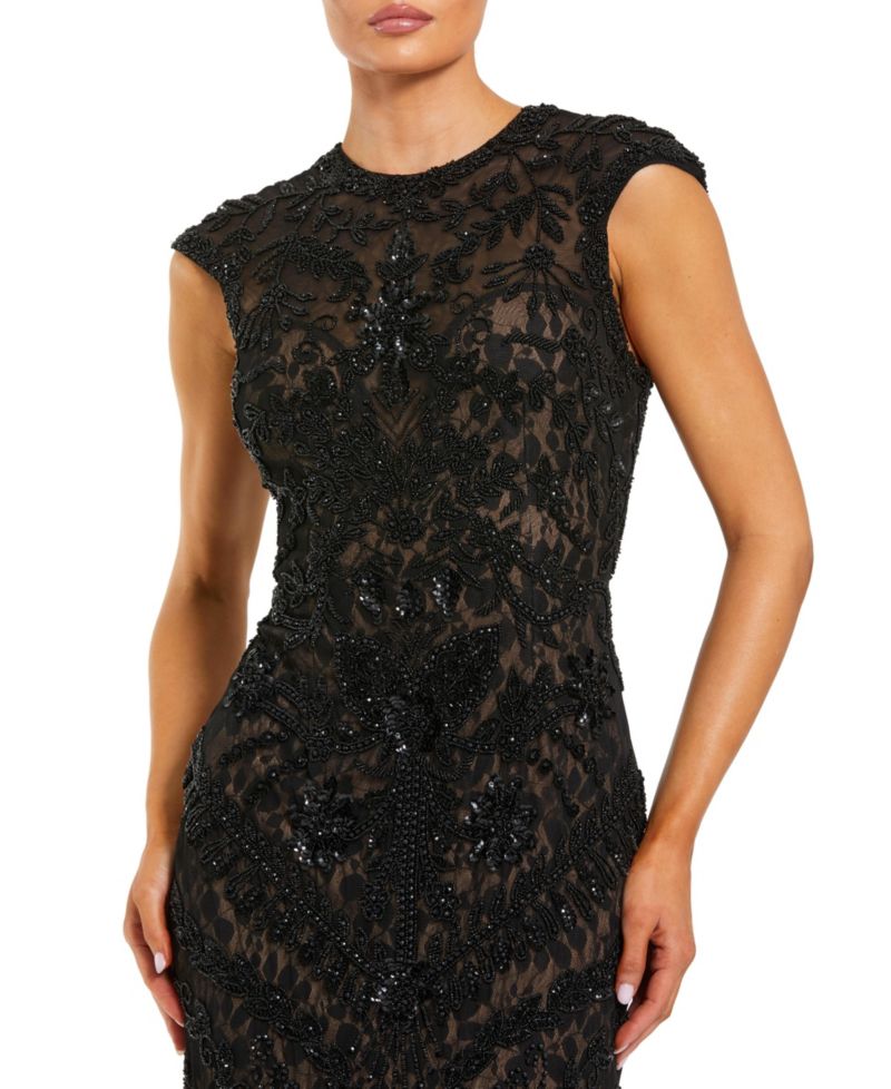 Petite Beaded Lace Mesh High-Neck Sleeveless Column Gown